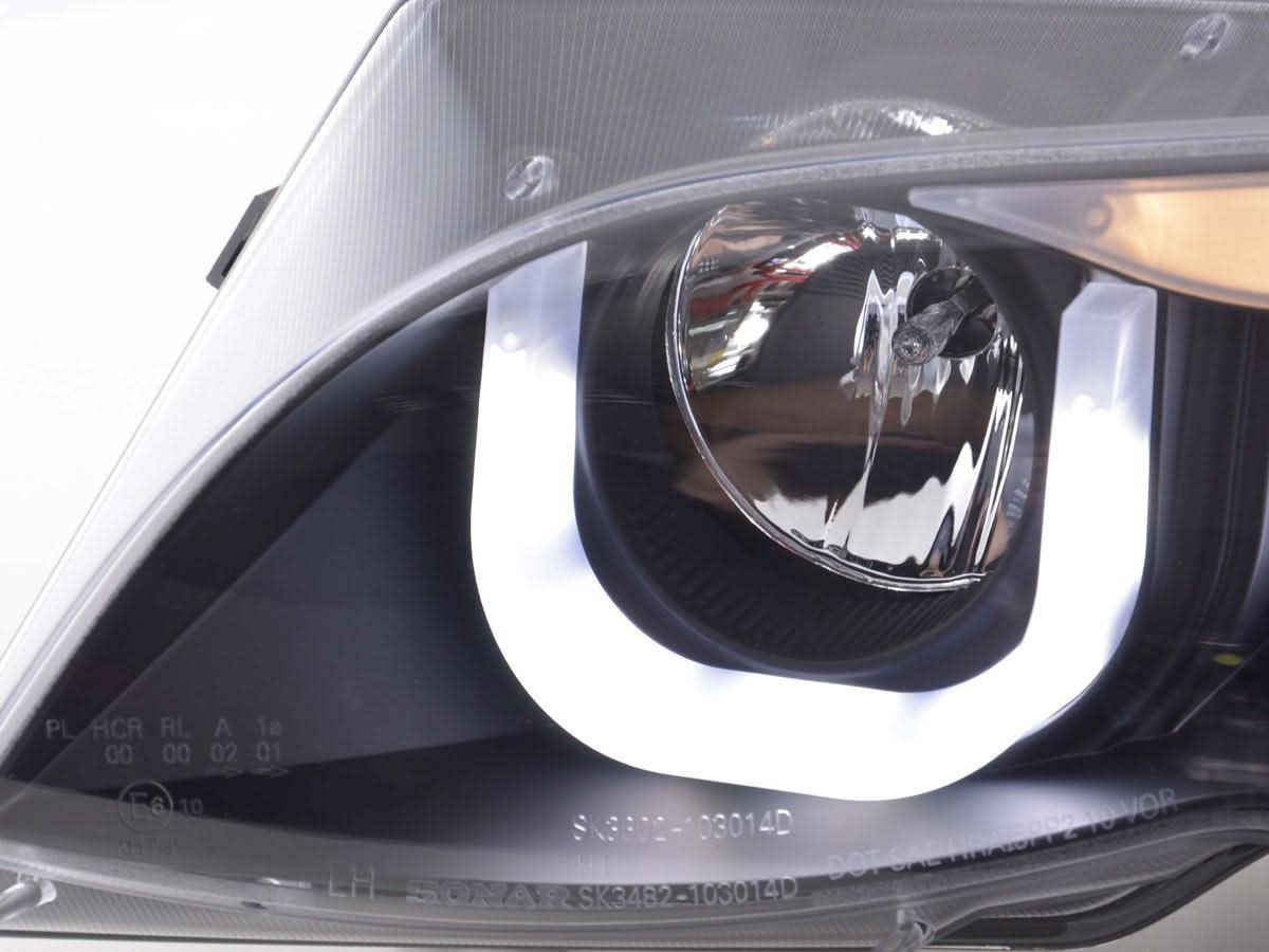 BMW 3-series E46 Sedan/Touring black U Eye LED headlights by K2 Industries, for 2002-2005 models, close-up of headlight design