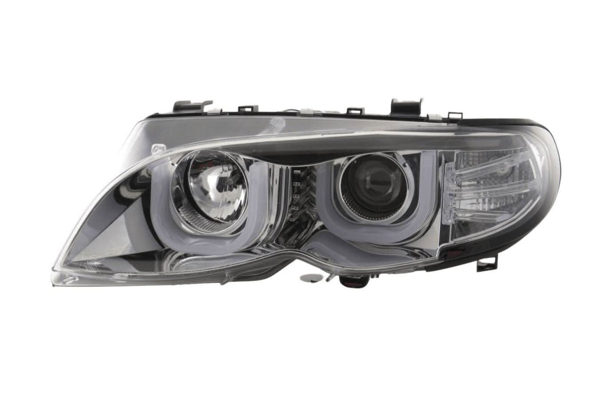 BMW 3-series E46 sedan/touring chrome U-eye headlights with LED accents, 2002-2005, by K2 Industries.