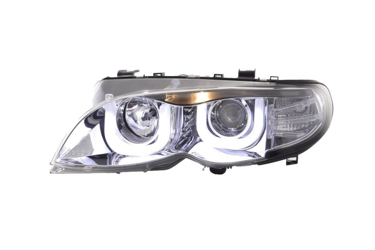 BMW 3-series E46 Sedan/Touring chrome U eye headlights with LED accents, compatible with 2002-2005 models, by K2 Industries.