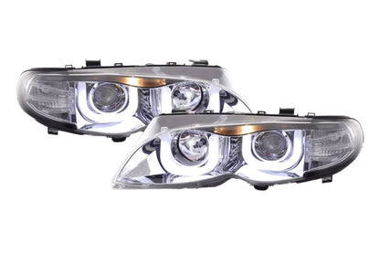 BMW 3-series E46 sedan and touring chrome U-eye headlights by K2 Industries, 2002-2005, featuring LED design and clear lens.