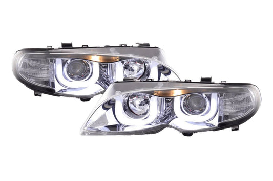 BMW 3-series E46 sedan and touring chrome U-eye headlights by K2 Industries, 2002-2005, featuring LED design and clear lens.