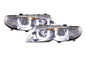 BMW 3-series E46 sedan and touring chrome U-eye headlights by K2 Industries, 2002-2005, featuring LED design and clear lens.