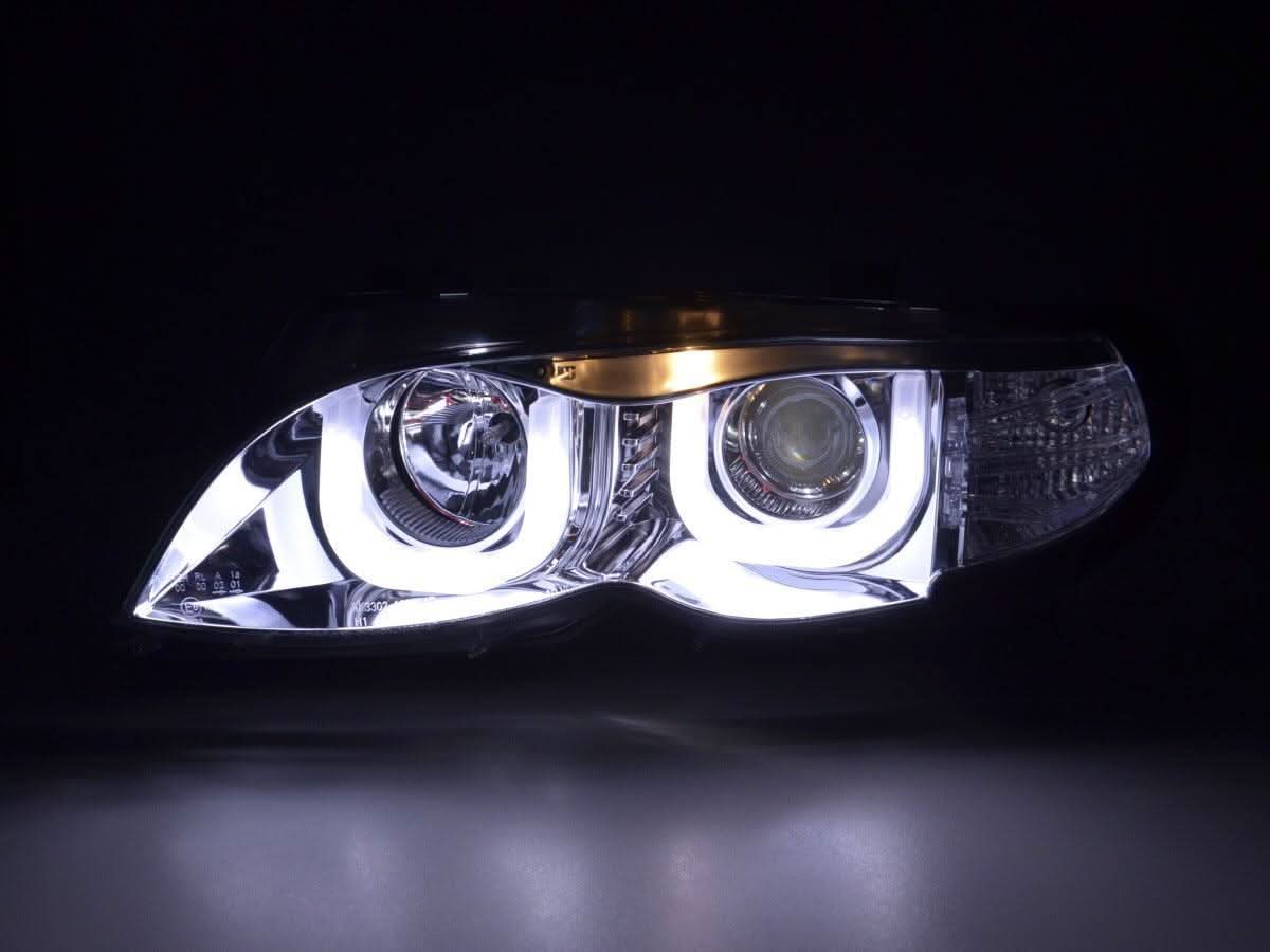 BMW 3-Series E46 sedan/touring chrome U-eye headlights with LED design, compatible with 2002-2005 models by K2 Industries.