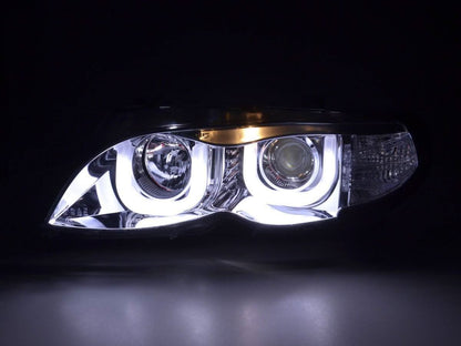BMW 3-Series E46 sedan/touring chrome U-eye headlights with LED design, compatible with 2002-2005 models by K2 Industries.