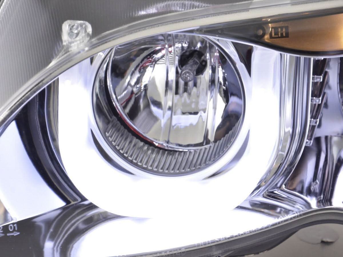 BMW 3-series E46 Sedan/Touring chrome U-eye headlights with LED accents, compatible with 2002-2005 models by K2 Industries