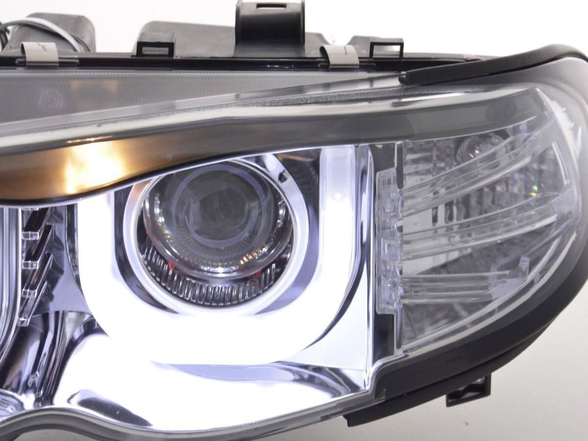BMW 3-series E46 Sedan/Touring chrome U-eye headlights by K2 Industries, featuring LED design for 2002-2005 models.