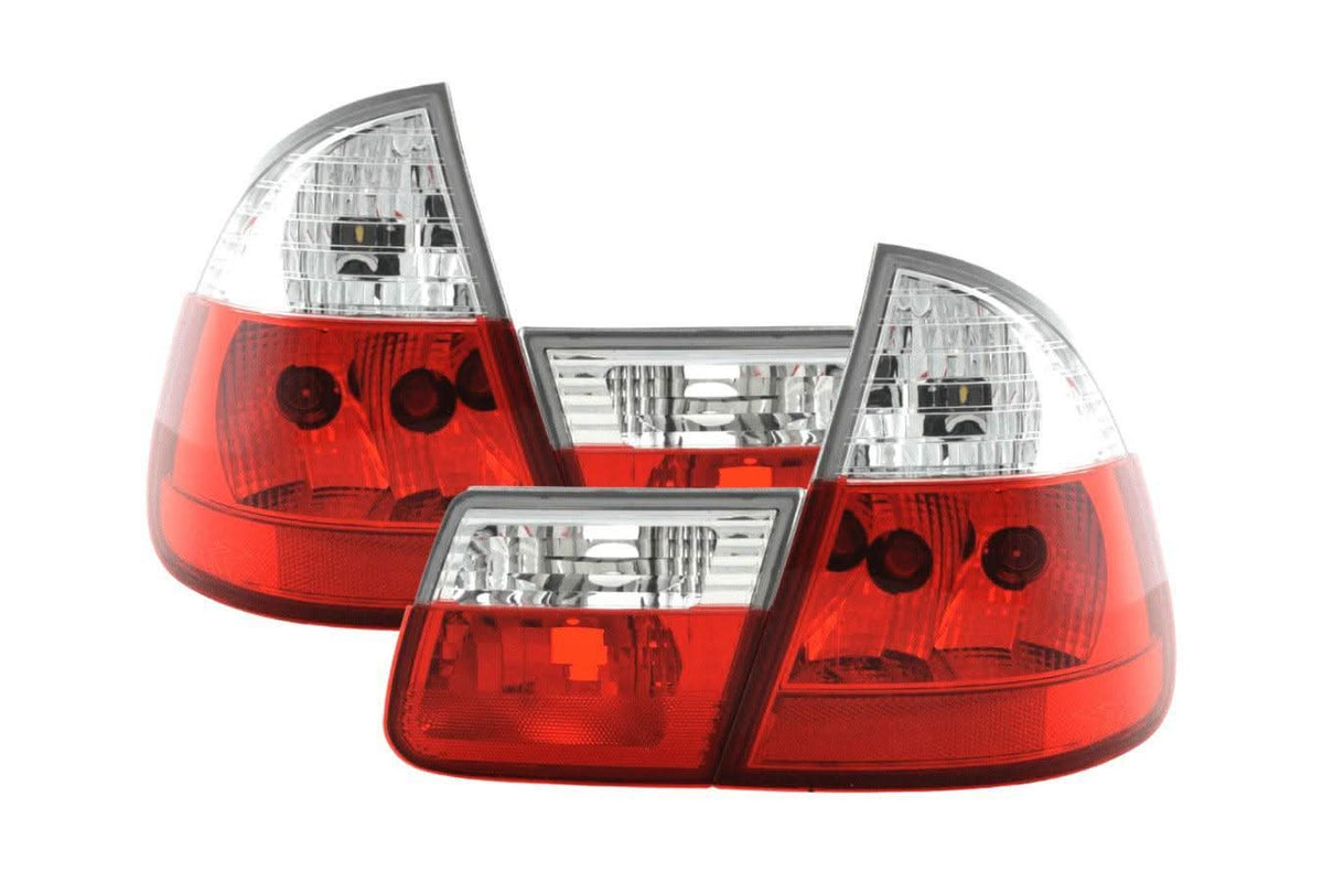 BMW 3 Series E46 Touring JDM Style red tail lights set by K2 Industries, showing the rear view with red lens and clear accents.