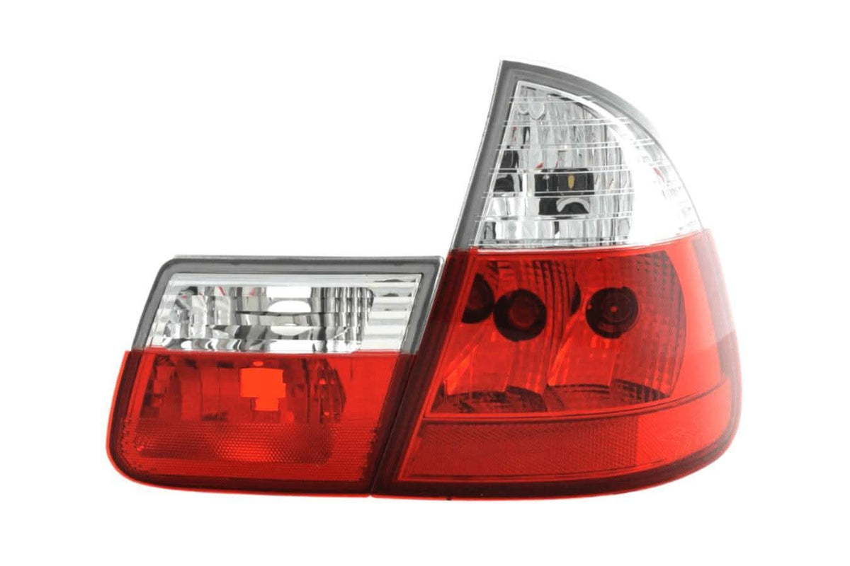 BMW 3 Series E46 Touring JDM style red tail lights set by K2 Industries, for models 1999-2002, showing front and side view.