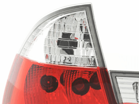 BMW 3 Series E46 Touring JDM style red tail lights set by K2 Industries, showing the sleek, modern taillight design for 1999-2002 models.