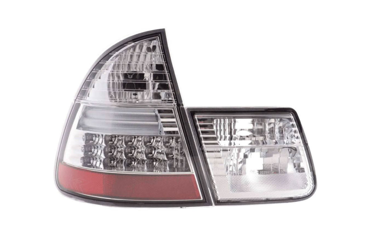 BMW 3-Series E46 Wagon Chrome Clear LED Tail Lights by K2 Industries, rear view showing sleek design and LED illumination.