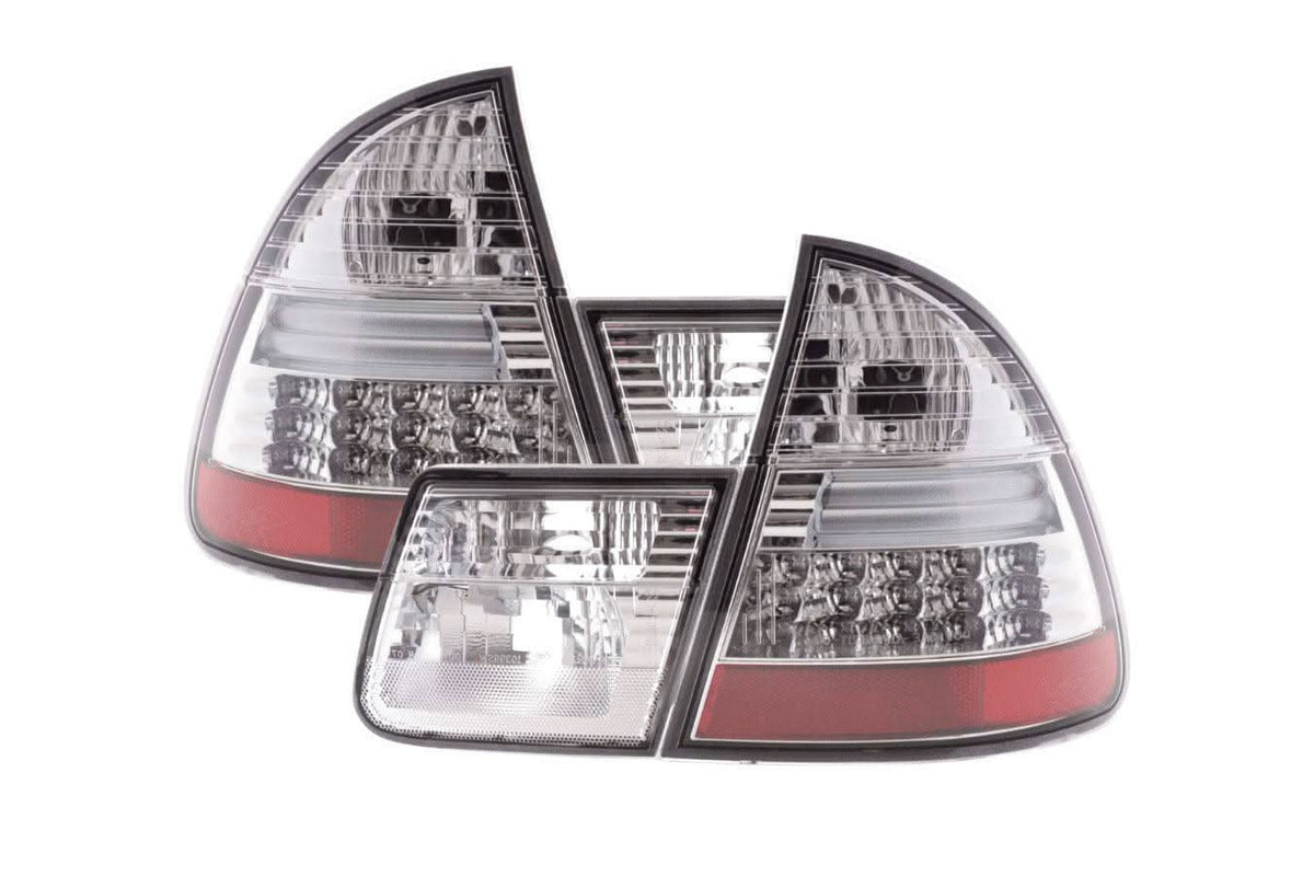 BMW 3-Series E46 Wagon chrome clear LED tail lights by K2 Industries, rear view showing sleek design and bright LED accents.