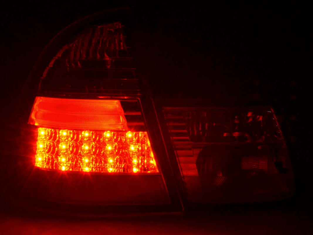 BMW 3-series E46 Wagon chrome clear LED taillights by K2 Industries, for models 1998-2005, shown installed on the vehicle.