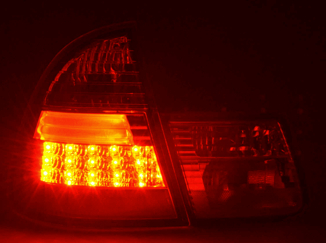 BMW 3-series E46 Wagon Chrome Clear LED Taillights by K2 Industries, front view showing sleek tail light design for 1998-2005 models.