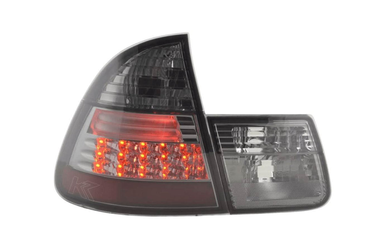 BMW 3-Series E46 Wagon smoked LED taillights set by K2 Industries, rear view showing dark tinted lens and LED light design.