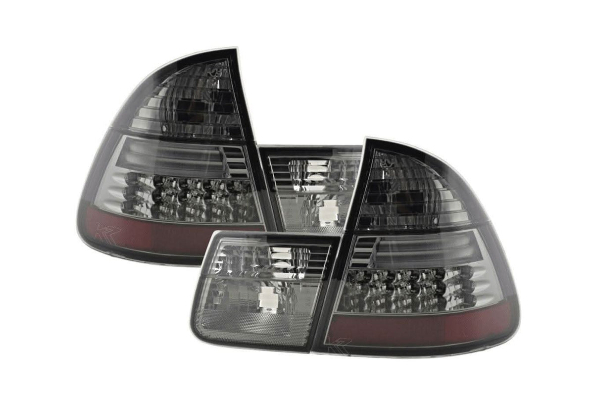 BMW 3-series E46 wagon smoked LED taillights set by K2 Industries, 1999-2005, featuring sleek, tinted tail light design.