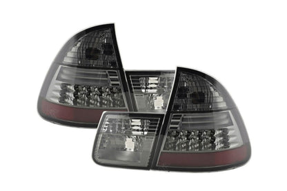 BMW 3-series E46 wagon smoked LED taillights set by K2 Industries, 1999-2005, featuring sleek, tinted tail light design.