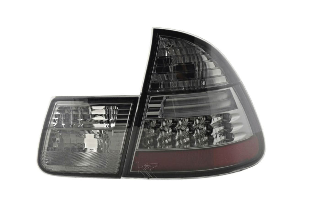 Smoked LED tail light set for BMW 3 Series E46 Wagon/Touring, 1999-2005, by K2 Industries showing sleek automotive tail light design.