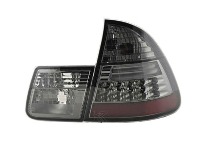 Smoked LED tail light set for BMW 3 Series E46 Wagon/Touring, 1999-2005, by K2 Industries showing sleek automotive tail light design.