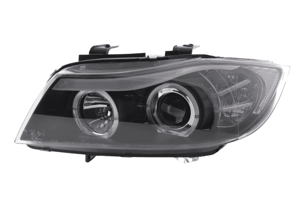 BMW 3-series E90 E91 LED headlight set with black angel eyes by K2 Industries, for models 2005-2012, showing the front view.