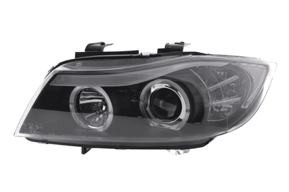 BMW 3-series E90 E91 LED headlight set with black angel eyes by K2 Industries, for models 2005-2012, showing the front view.