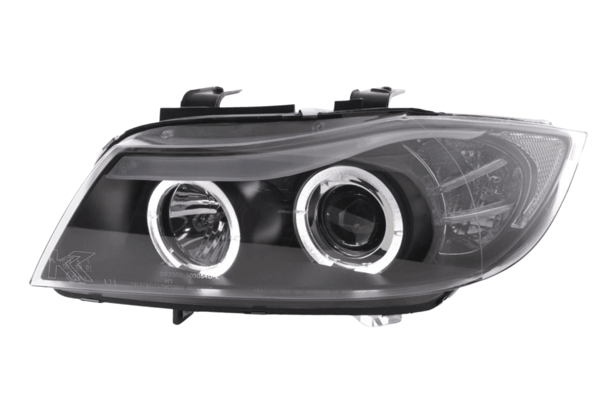 BMW 3-series E90 E91 LED headlight set with black angel eyes by K2 Industries, for 2005-2012 models.