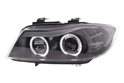 BMW 3-series E90 E91 LED headlight set with black angel eyes by K2 Industries, for 2005-2012 models.