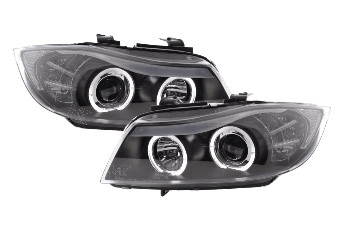BMW 3-series E90 E91 LED headlight set with black angel eyes by K2 Industries, for 2005-2012 models, showing close-up of headlights