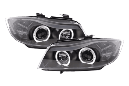 BMW 3-series E90 E91 LED headlight set with black angel eyes by K2 Industries, for 2005-2012 models, showing close-up of headlights