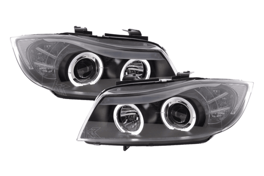 BMW 3-series E90 E91 LED headlight set with black angel eyes by K2 Industries, for 2005-2012 models, showing close-up of headlights