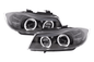BMW 3-series E90 E91 LED headlight set with black angel eyes by K2 Industries, for 2005-2012 models, showing close-up of headlights
