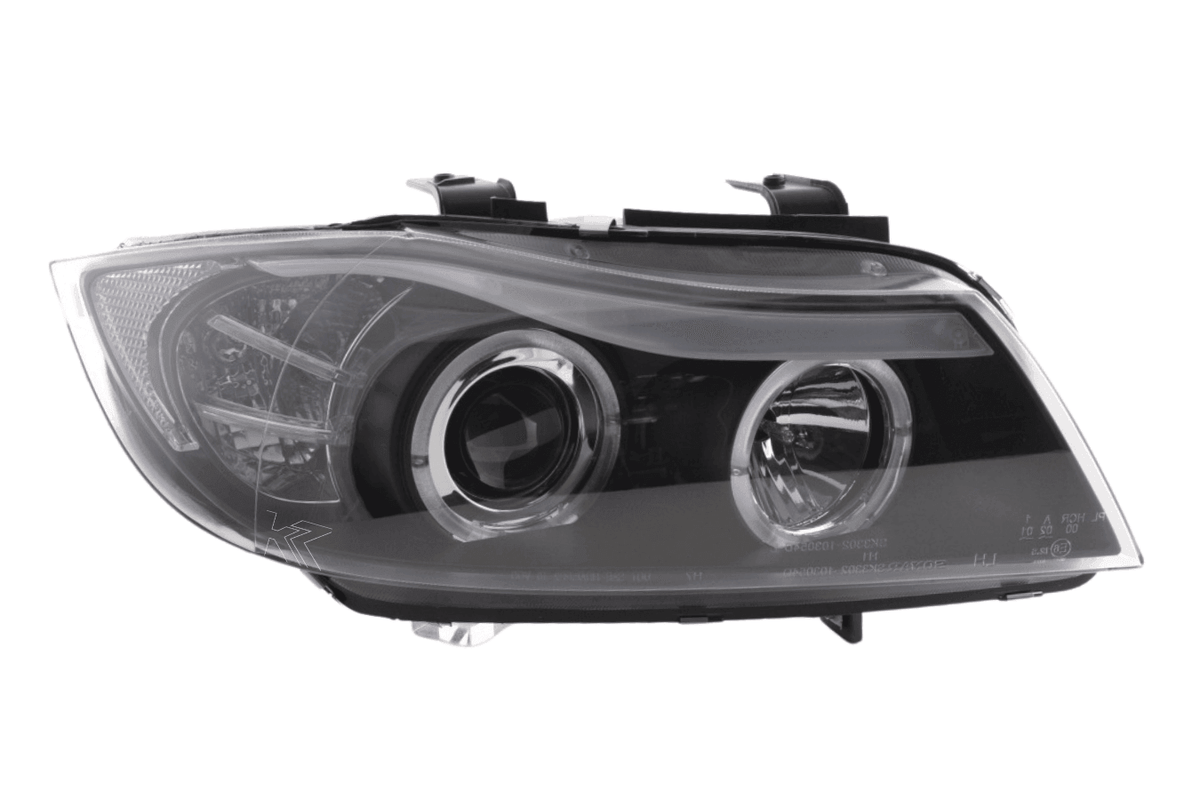 BMW 3-series E90 E91 LED headlight set with black angel eyes by K2 Industries, for 2005-2012 models.