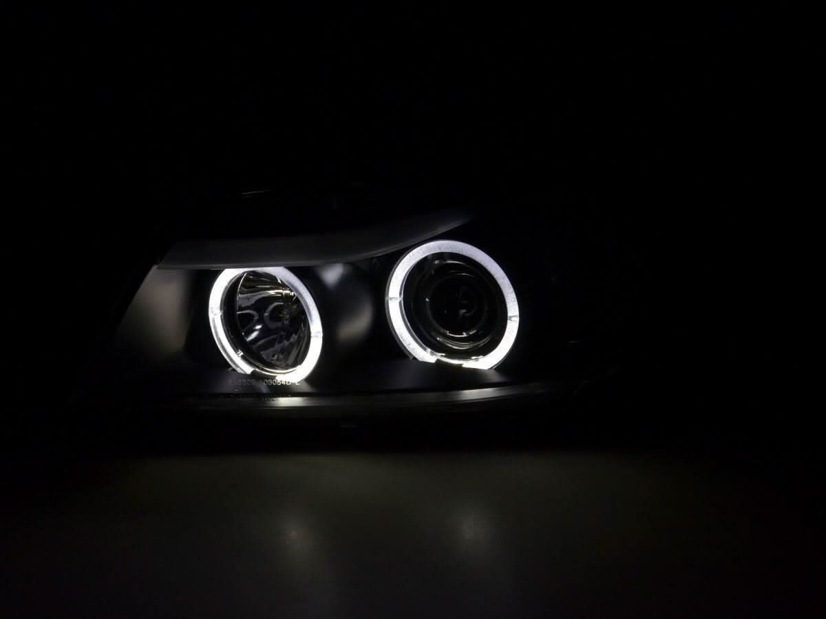 BMW 3-series E90 E91 LED headlight set with black angel eyes by K2 Industries, for 2005-2012 models.