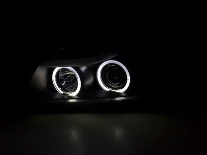 BMW 3-series E90 E91 LED headlight set with black angel eyes by K2 Industries, for 2005-2012 models.