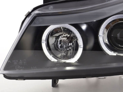 BMW 3-series E90 E91 black angel eyes LED headlights set by K2 Industries for 2005-2012 models, showing the headlight assembly with LED rings.