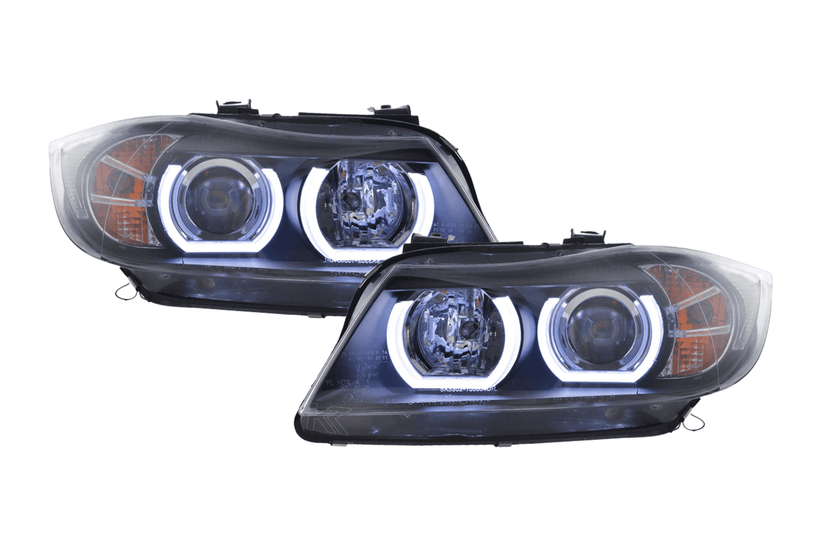 BMW 3 Series E90/E91 black LED U-bar headlights by K2 Industries, for 2005-2012 models, with sleek LED lighting design.