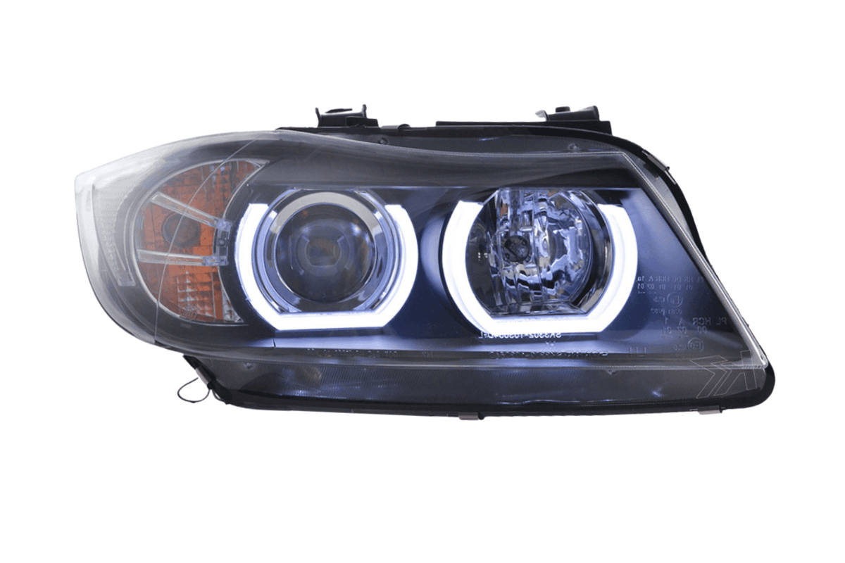 BMW 3 Series E90/E91 black LED U-bar headlights by K2 Industries, for 2005-2012 models, showing the sleek headlight design.