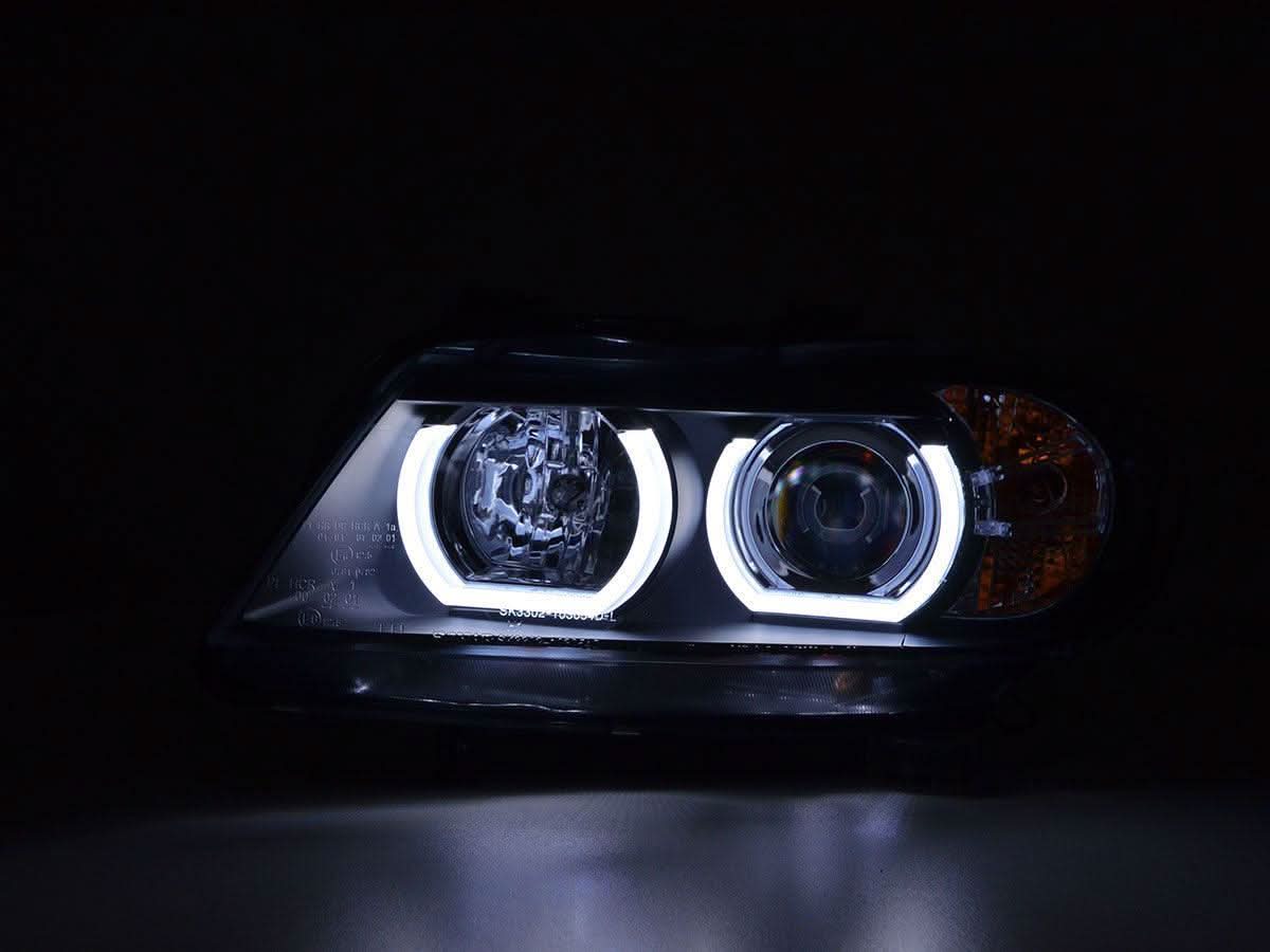 BMW 3 Series E90/E91 black LED U-bar headlights by K2 Industries for 2005-2012 models, showing the sleek LED U-shaped design.