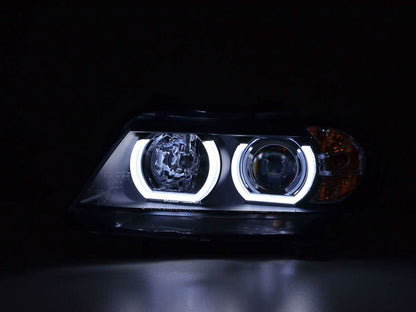 BMW 3 Series E90/E91 black LED U-bar headlights by K2 Industries for 2005-2012 models, showing the sleek LED U-shaped design.
