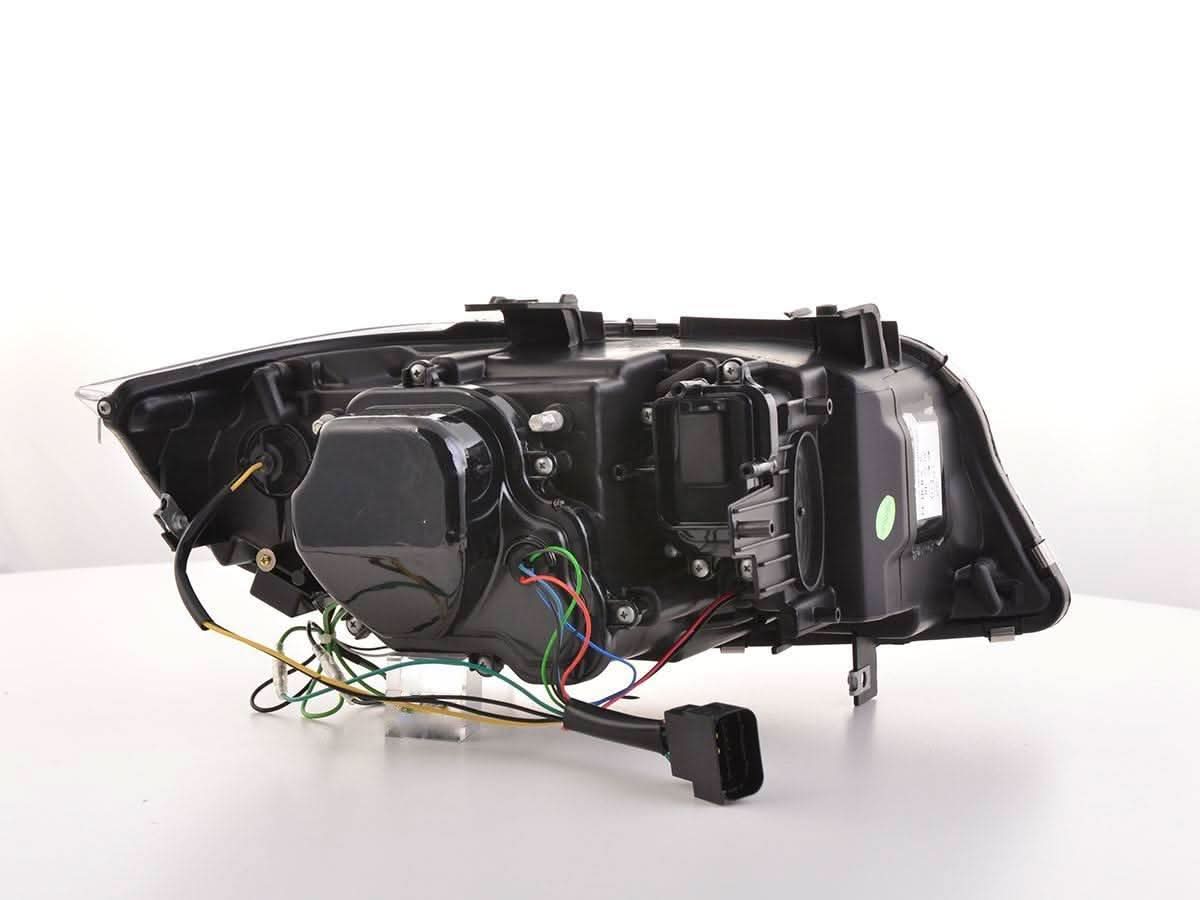 BMW 3 Series E90/E91 black LED U-bar headlights by K2 Industries, for models 2005-2012, featuring modern LED lighting design.