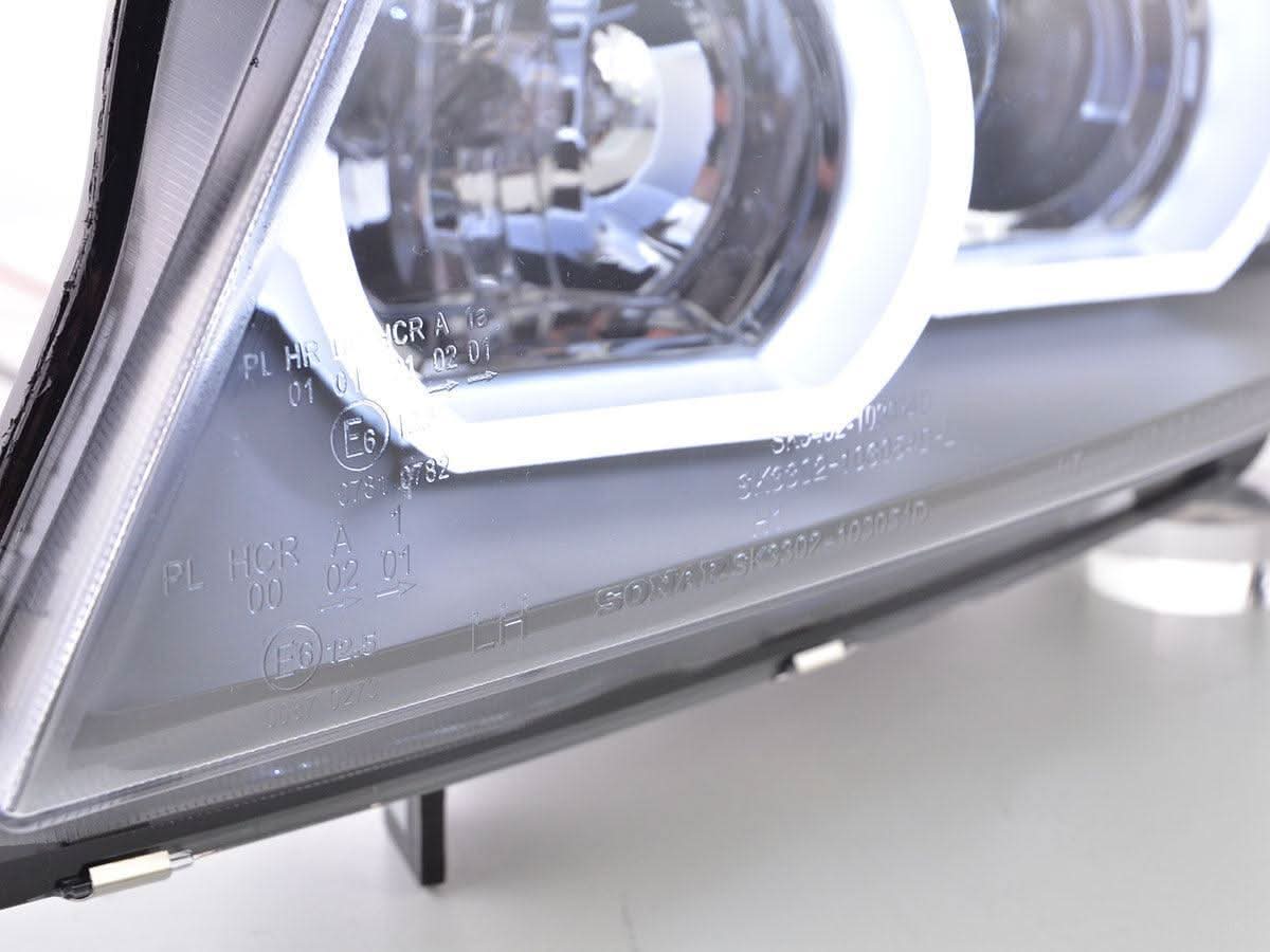 BMW 3 Series E90/E91 black LED U-bar headlights by K2 Industries, designed for 2005-2012 models, showing the headlight assembly.
