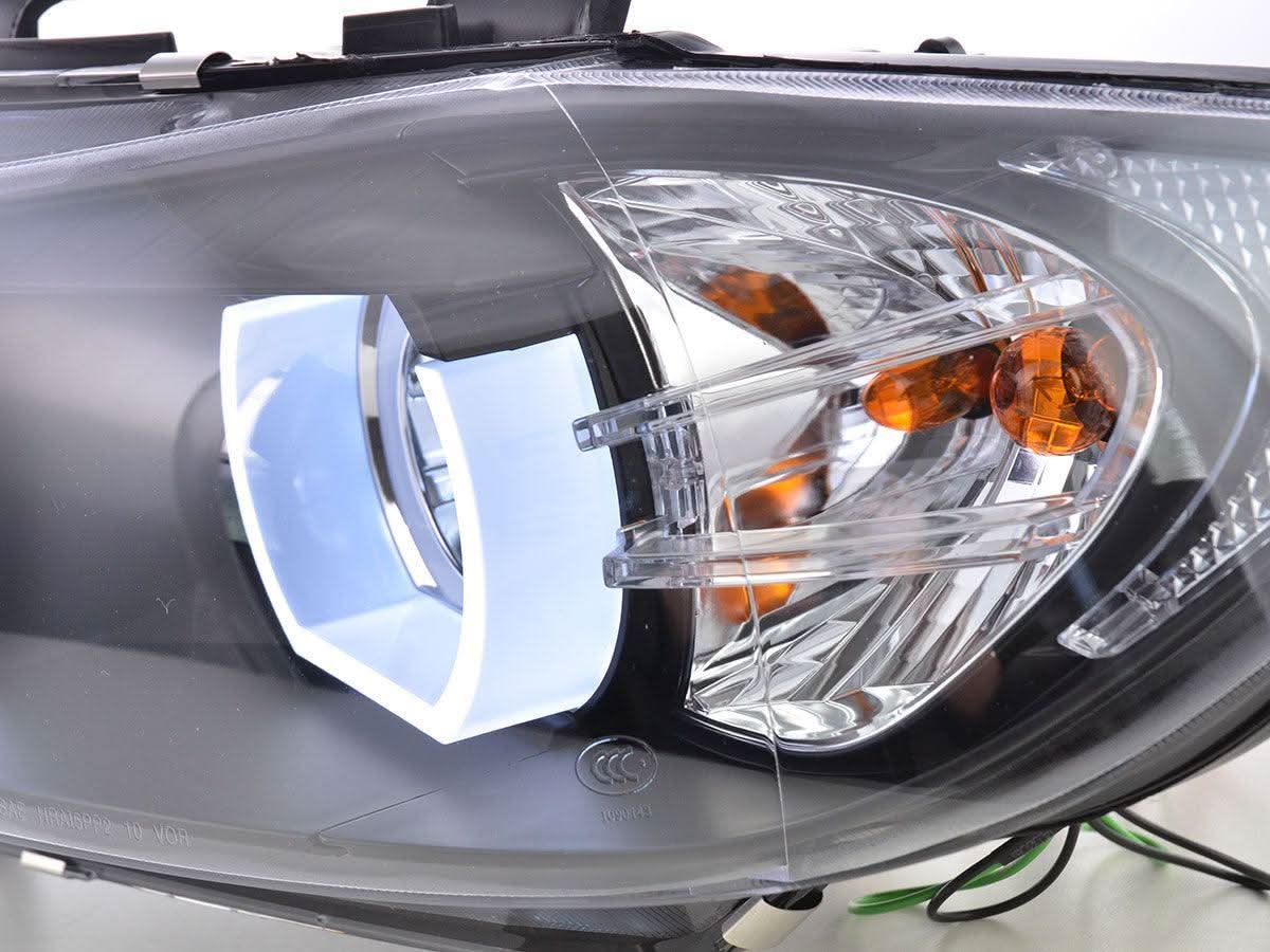 BMW 3 Series E90/E91 black LED U-bar headlights by K2 Industries, designed for 2005-2012 models, featuring modern LED lighting.