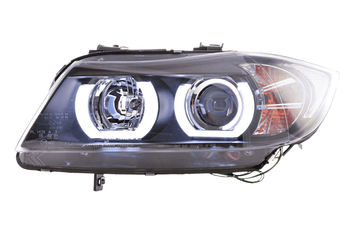 BMW 3-series E90 E91 black U LED headlights by K2 Industries for 2005-2012, showing sleek headlight design with LED lighting elements.