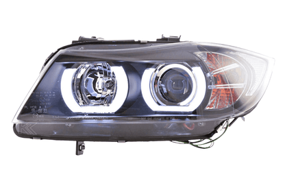 BMW 3-series E90 E91 black U LED headlights by K2 Industries for 2005-2012, showing sleek headlight design with LED lighting elements.