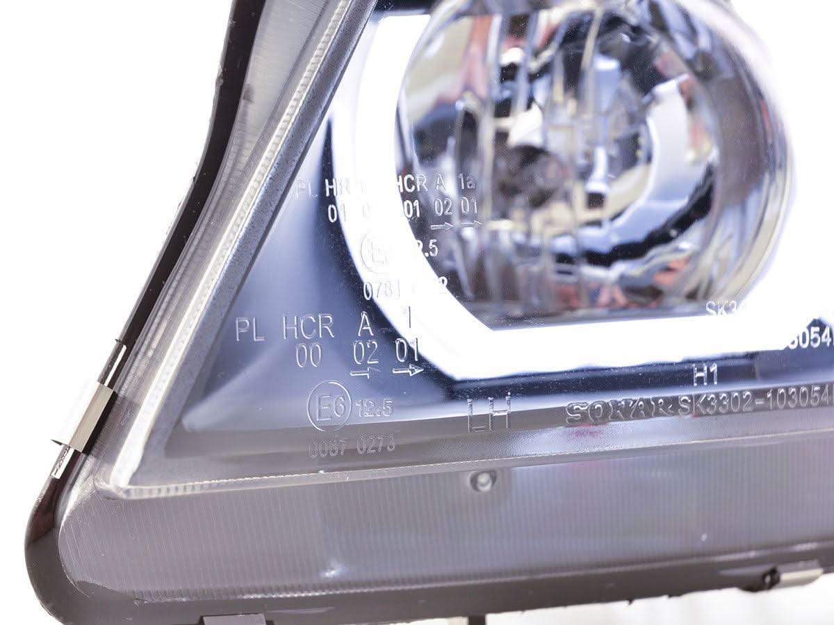 BMW 3-series E90 E91 black U LED headlights by K2 Industries, designed for 2005-2012 models, with sleek LED light accents.