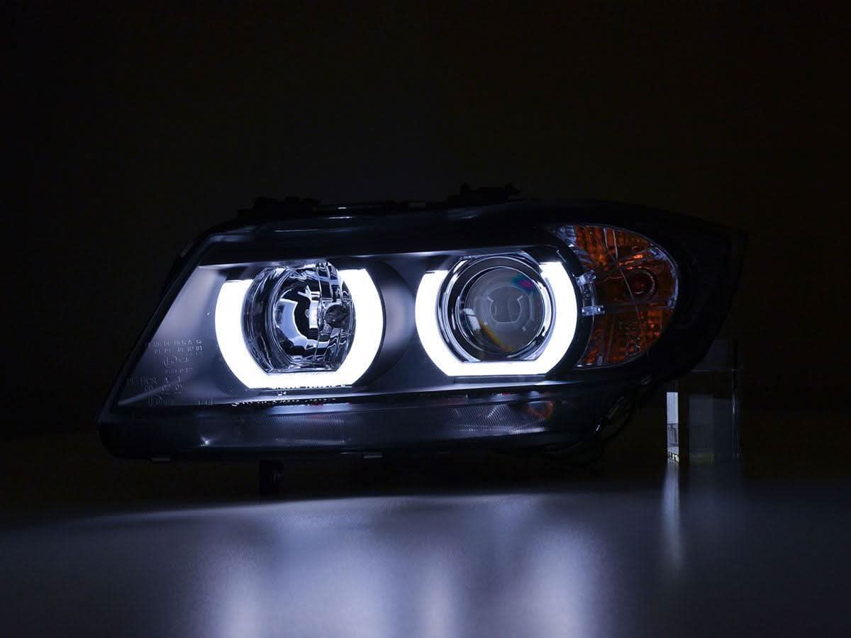 BMW 3-series E90 E91 black U LED headlights by K2 Industries, designed for 2005-2012 models, showing the headlight assembly.