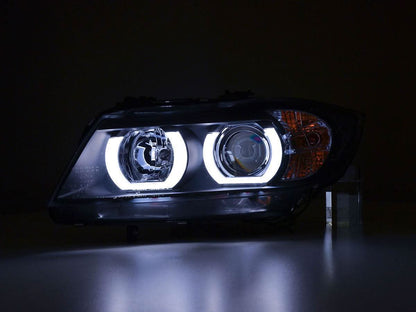 BMW 3-series E90 E91 black U LED headlights by K2 Industries, designed for 2005-2012 models, showing the headlight assembly.