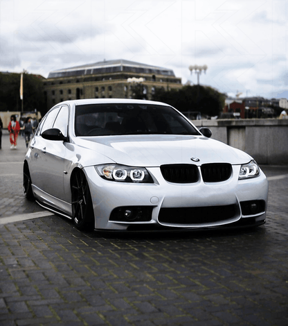 BMW 3-series E90 E91 black U LED headlights by K2 Industries, for models 2005-2012, featuring sleek design and modern illumination.