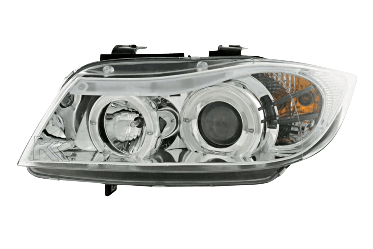 BMW 3-series E90 E91 chrome angel eyes LED headlights set by K2 Industries, for 2005-2012 models, showing front view with chrome accents.