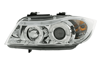 BMW 3-series E90 E91 chrome angel eyes LED headlights set by K2 Industries, for 2005-2012 models, showing front view with chrome accents.