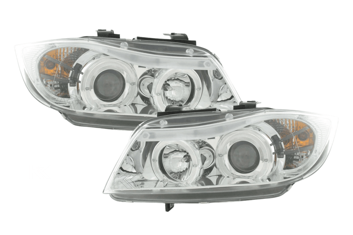 BMW 3-series E90 E91 chrome angel eyes LED headlights set by K2 Industries, for models 2005-2012, with chrome accents and LED rings.